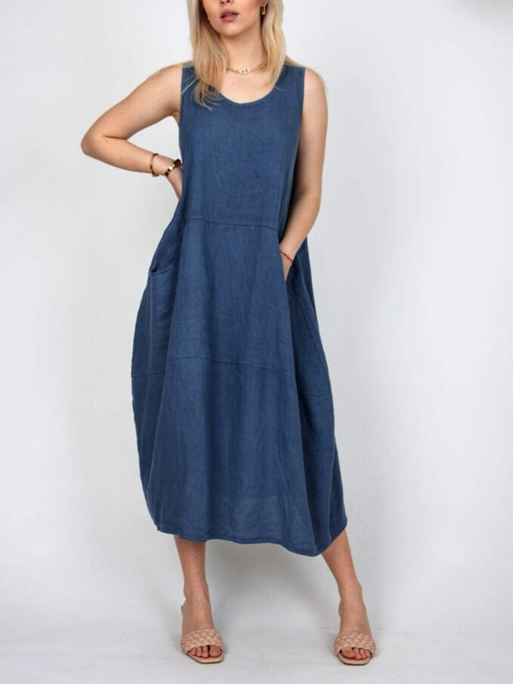 Flax Dress Sleeveless Linen Maxi Kaftan Tunic Relaxed Pockets Blue Large